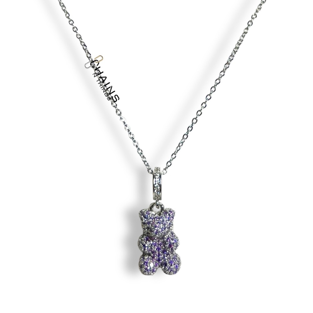 Gummy Bear Necklace Purple Silver Stainless steel Cubic Zircon women rhinestone